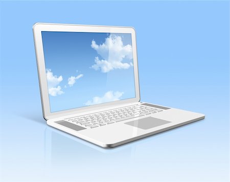 simsearch:400-04854535,k - 3D white laptop computer with sky in screen isolated on blue with 2 clipping path : one for global scene and one for the screen Stock Photo - Budget Royalty-Free & Subscription, Code: 400-04358231