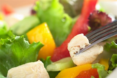 simsearch:400-04854606,k - Fresh chicken salad with lettuce, red bell pepper, mango and cucumber with a piece of chicken meat on fork (Very Shallow Depth of Field, Focus on the front of the meat that is on the fork) Foto de stock - Royalty-Free Super Valor e Assinatura, Número: 400-04358371