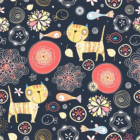retro cat pattern - seamless floral pattern of bright orange cats and fish on a dark background Stock Photo - Budget Royalty-Free & Subscription, Code: 400-04359022