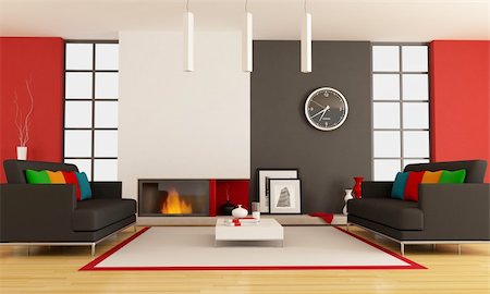 modern lounge with two couch and minimalist fireplace - rendering - the picture on wall is a my photo ,London 2008 Stock Photo - Budget Royalty-Free & Subscription, Code: 400-04359859