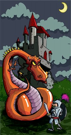 flying blue dragon - Cartoon of a knight facing a fierce dragon. A medieval castle in the background Stock Photo - Budget Royalty-Free & Subscription, Code: 400-04350427