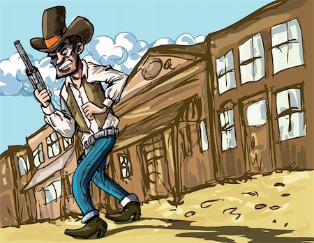 simsearch:400-04361338,k - Cartoon cowboy with sixguns . Town street in the background Photographie de stock - Aubaine LD & Abonnement, Code: 400-04350428