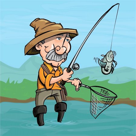 Cartoon fisherman catching a fish. He is standing in a river Stock Photo - Budget Royalty-Free & Subscription, Code: 400-04350466
