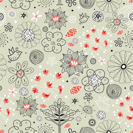 floral bird pattern - seamless floral pattern with red bird on a bright green background Photographie de stock - Aubaine LD & Abonnement, Code: 400-04351026