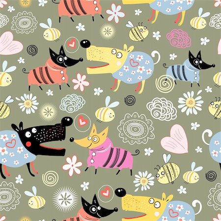 fashion dog cartoon - seamless pattern of the fun lovers dogs bees and flowers Stock Photo - Budget Royalty-Free & Subscription, Code: 400-04351084