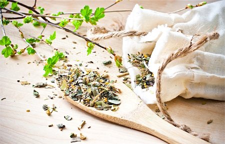 simsearch:6108-06168404,k - Bags with green tea, wooden spoon, branches with new buds. Stockbilder - Microstock & Abonnement, Bildnummer: 400-04351181