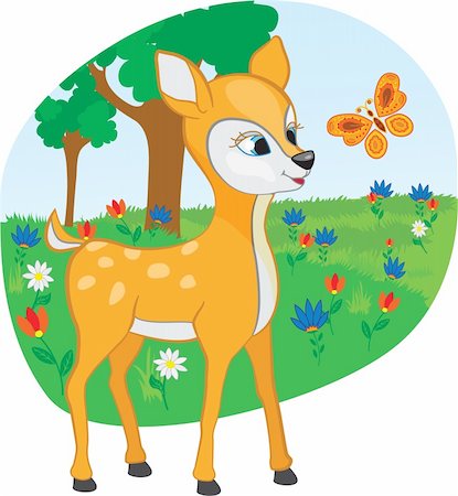 Young deer with a butterfly cartoon vector Stock Photo - Budget Royalty-Free & Subscription, Code: 400-04351497