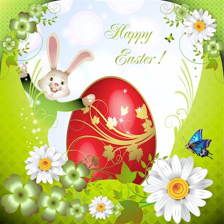 simsearch:400-06073581,k - Easter card with bunny, flowers and decorated egg Foto de stock - Royalty-Free Super Valor e Assinatura, Número: 400-04353143