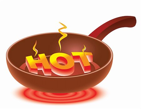 pan to the fire - 3D inscription HOT on red-hot frying pan. Abstract illustration. Foto de stock - Super Valor sin royalties y Suscripción, Código: 400-04353263