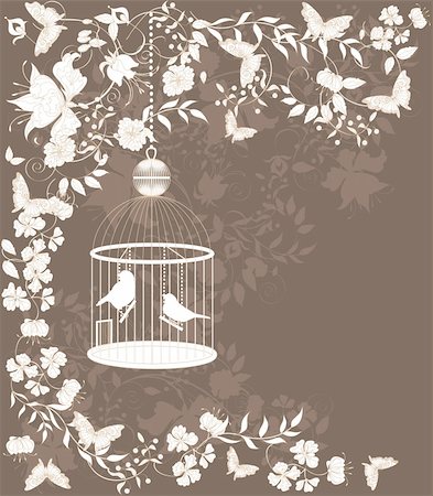 simsearch:400-04406888,k - Vintage background with flowers and birds in cage. Photographie de stock - Aubaine LD & Abonnement, Code: 400-04353270