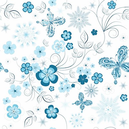 simsearch:400-04728067,k - White and blue winter repeating pattern with snowflakes, flowers and butterflies (vector) Foto de stock - Super Valor sin royalties y Suscripción, Código: 400-04353518