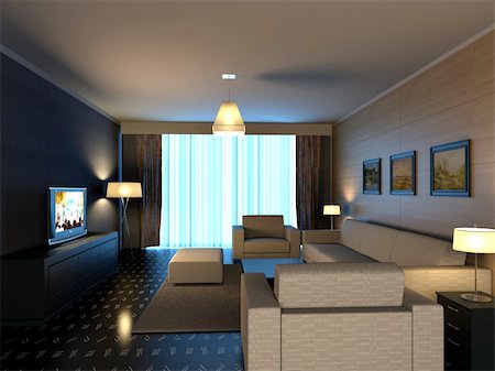 simsearch:400-08575434,k - living room with modern style.3d render Foto de stock - Royalty-Free Super Valor e Assinatura, Número: 400-04365106