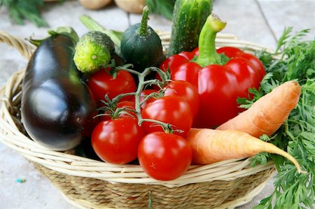 Different fresh vegetables in a wicker basket on the table Stock Photo - Budget Royalty-Free & Subscription, Code: 400-04365519