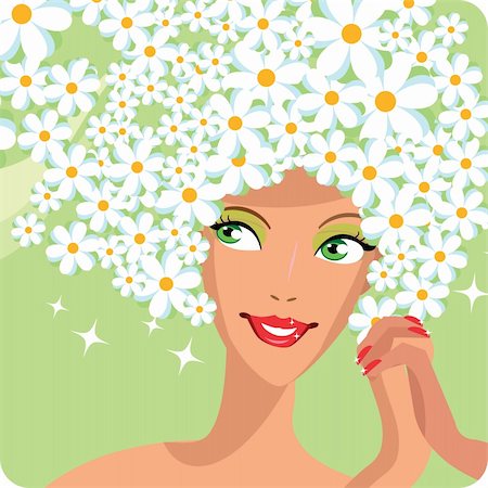 portrait of a beautiful woman with flying flower hair Foto de stock - Super Valor sin royalties y Suscripción, Código: 400-04365633