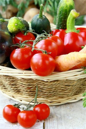 Different fresh vegetables in a wicker basket on the table Stock Photo - Budget Royalty-Free & Subscription, Code: 400-04365791