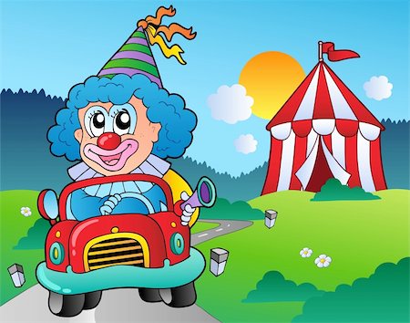 simsearch:400-04236834,k - Cartoon clown in car near tent - vector illustration. Foto de stock - Royalty-Free Super Valor e Assinatura, Número: 400-04365832