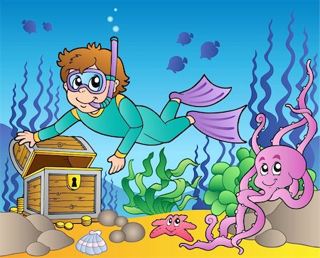 Diver exploring treasure in sea - vector illustration. Foto de stock - Super Valor sin royalties y Suscripción, Código: 400-04365859