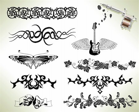 scroll designs clip art - Series set of tattoo flash design elements with tattooists gun or machine Stock Photo - Budget Royalty-Free & Subscription, Code: 400-04366476