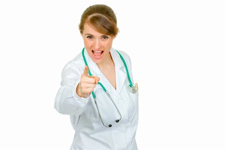 simsearch:400-04351236,k - Evil medical doctor woman shaking her finger isolated on white Photographie de stock - Aubaine LD & Abonnement, Code: 400-04367285