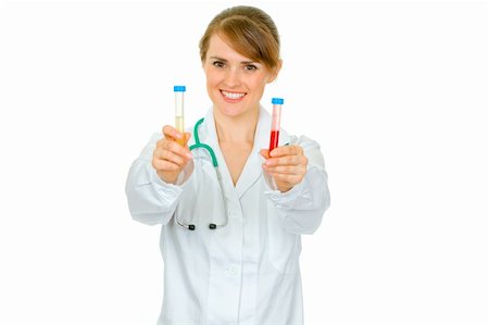 simsearch:400-04925813,k - Smiling medical doctor woman holding test tubes in hand isolated on white Stock Photo - Budget Royalty-Free & Subscription, Code: 400-04367294