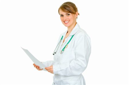 simsearch:400-04351236,k - Smiling  medical doctor woman holding document in hands isolated on white Stock Photo - Budget Royalty-Free & Subscription, Code: 400-04367304
