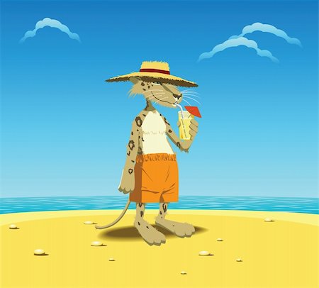 leopard in straw hat standing on beach, drinking cocktail Stock Photo - Budget Royalty-Free & Subscription, Code: 400-04367967