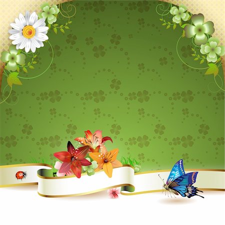 Floral background with ribbon, flowers and butterflies Stock Photo - Budget Royalty-Free & Subscription, Code: 400-04368437