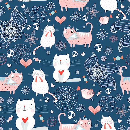 retro cat pattern - seamless pattern of funny cats and flowers on a dark blue background Stock Photo - Budget Royalty-Free & Subscription, Code: 400-04368493
