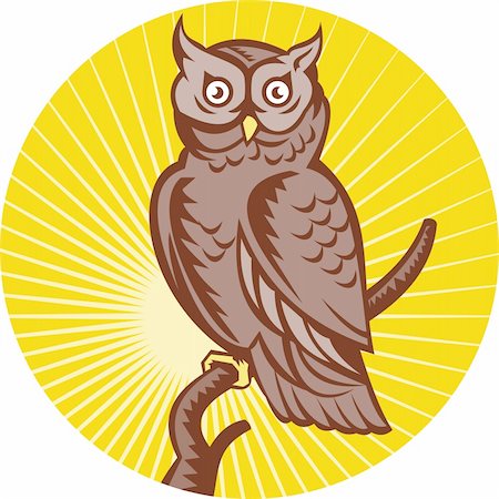 illustration of a Great Horned Owl perching on branch done in retro woodcut style Foto de stock - Super Valor sin royalties y Suscripción, Código: 400-04368760