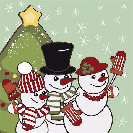 Retro Christmas card with a family of snowmen. Stock Photo - Budget Royalty-Free & Subscription, Code: 400-04368993