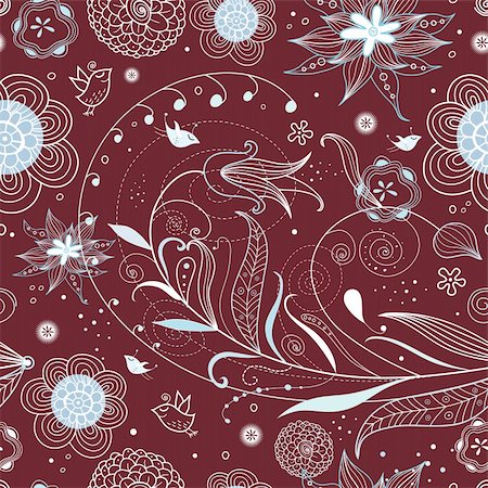 floral bird pattern - seamless floral pattern with birds light on a dark burgundy background Photographie de stock - Aubaine LD & Abonnement, Code: 400-04369134