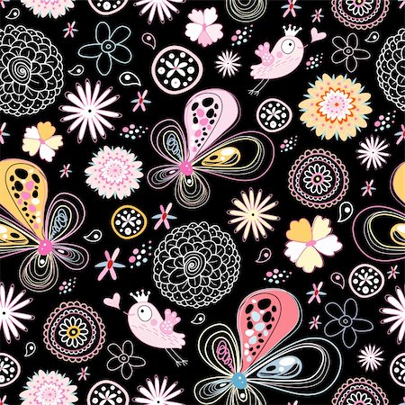 simsearch:400-06524884,k - seamless floral pattern with bright pink birds on a black background Foto de stock - Super Valor sin royalties y Suscripción, Código: 400-04369690