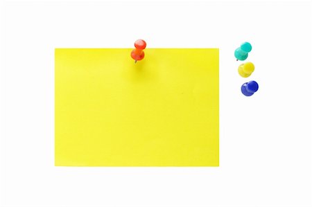 simsearch:400-04777232,k - Multicolor push pins and yellow note paper on white background Foto de stock - Royalty-Free Super Valor e Assinatura, Número: 400-04360439