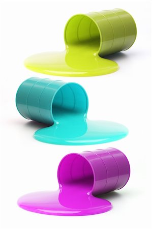 Colored slime flowing out from fallen drums on white background Fotografie stock - Microstock e Abbonamento, Codice: 400-04360465