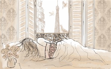 vector illustration of woman sleeping in Paris Stock Photo - Budget Royalty-Free & Subscription, Code: 400-04360829