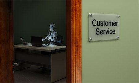 picture skeleton waiting - Skeleton sitting at a desk, concept for non existent customer service Photographie de stock - Aubaine LD & Abonnement, Code: 400-04361299