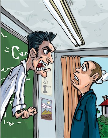Cartoon of teacher screaming at a pupil. Classroom behind Stock Photo - Budget Royalty-Free & Subscription, Code: 400-04361308
