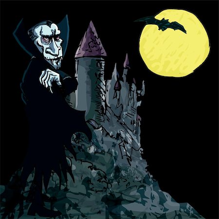 die toon - Cartoon Vampire with a castle and moon in the background Photographie de stock - Aubaine LD & Abonnement, Code: 400-04361349