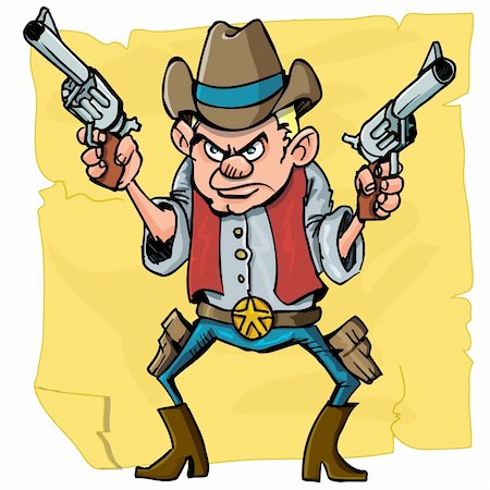 Cute cartoon cowboy holding sixguns. Isolated on distressed paper design Stock Photo - Budget Royalty-Free & Subscription, Code: 400-04361340