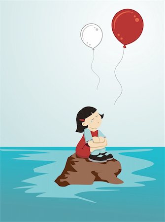 simsearch:400-04361437,k - Girl crying sitting on a rock while loose balloons in the colors of Japan Photographie de stock - Aubaine LD & Abonnement, Code: 400-04361437