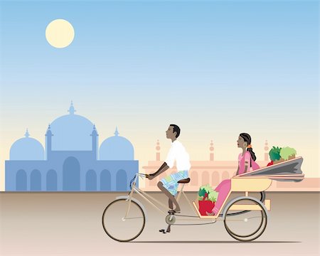 an illustration of a traditional rickshaw with an asian man cycling carrying a female passenger and shopping in an exotic setting Stock Photo - Budget Royalty-Free & Subscription, Code: 400-04361829