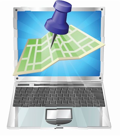 A road or city map flying out of a laptop computer. Concept or icon for map app or internet website with maps or other GPS related. Stock Photo - Budget Royalty-Free & Subscription, Code: 400-04362318