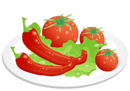 sweet and salty - vector image of tomatoes, hot peppers and lettuce leaves, lying on the kitchen plate on a white background Stock Photo - Budget Royalty-Free & Subscription, Code: 400-04362671