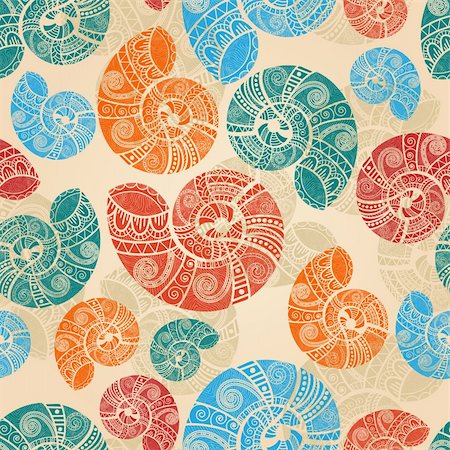 vector seamless background with  bright snail shells with ethnic patterns, clipping mask Stock Photo - Budget Royalty-Free & Subscription, Code: 400-04363123