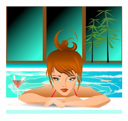 party couple pool - illustration of a woman in the pool with a glass of wine. Stock Photo - Budget Royalty-Free & Subscription, Code: 400-04363235