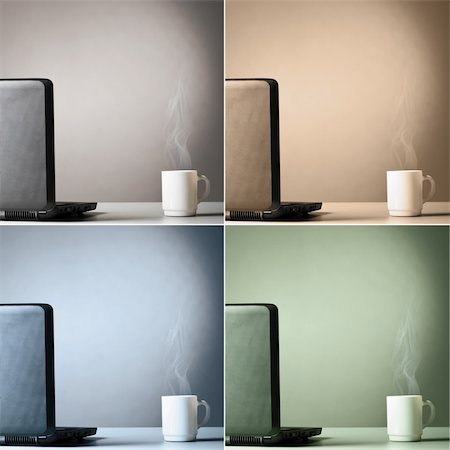 laptop and cup of hot evaporating coffee on table, toned in different colors Stock Photo - Budget Royalty-Free & Subscription, Code: 400-04374313
