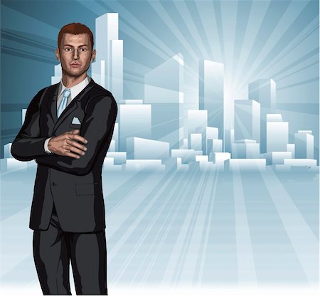 skyscraper company suit - Confident young businessman in front of city skyline background concept Foto de stock - Super Valor sin royalties y Suscripción, Código: 400-04374779