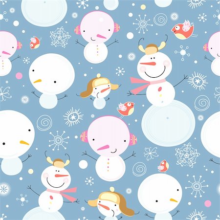 retro baby hat - seamless pattern of cheerful snowmen and snowflakes with birdies on purple background Stock Photo - Budget Royalty-Free & Subscription, Code: 400-04375079