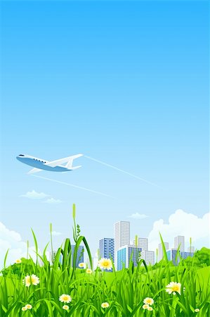 Green City Background with grass clouds and airplane Stock Photo - Budget Royalty-Free & Subscription, Code: 400-04375165