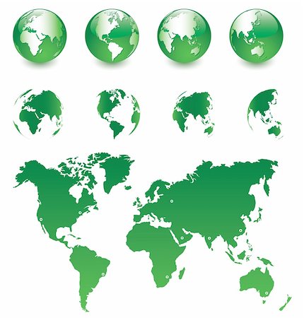 simsearch:400-04847731,k - Vector illustration of 8 green Earth globes and map of the world, easy to edit Stockbilder - Microstock & Abonnement, Bildnummer: 400-04375207